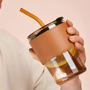 Gobelets en verre avec pailles Tasse en bambou Couple en verre Tasse de voyage portable Tasse à café