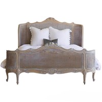 Cama Doble de Madera Maciza Estilo Francés Retro, Tallada con Ratán Europeo, para Bodas, Cama Suave