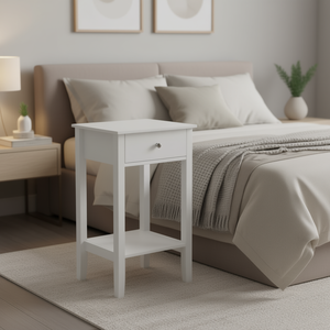 Mesita de Noche Blanca de Dos Niveles con Cajón, Mesita de Noche Moderna, Muebles de Dormitorio, Almacenamiento, Superficie de Madera - Product Image 2