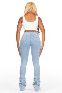 Pantaloni a svasatura di Jeans Super impilati con lavaggio leggero cerato con acido lavato con orlo crudo con taglio Skinny con <span class=keywords><strong>torcia</strong></span> Jeans da donna - Product Image 6
