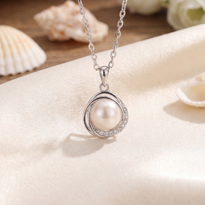 S925 Silver Freshwater Pearl <b>Necklace</b> Triple <b>Ring</b> Interlocking CZ Pendant Elegant Jewelry Gift for Women - Product Image 3