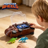 Camion transporteur de dinosaures Monster Wheels pour enfants avec étui de transport en plastique, figurines mini dinosaures et accessoire arbre pour enfants