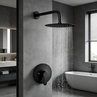 Système de douche encastré monofonction noir mat de 10 pouces - Pommeau de douche rond effet pluie avec bras courbé mural et robinet pour un design moderne