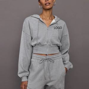 Sweat-shirt à capuche zippé en molleton de coton et polyester personnalisé OEM pour femmes, sweat-shirt court de haute qualité, sweat-shirt de sport vierge pour femmes - Product Image 2