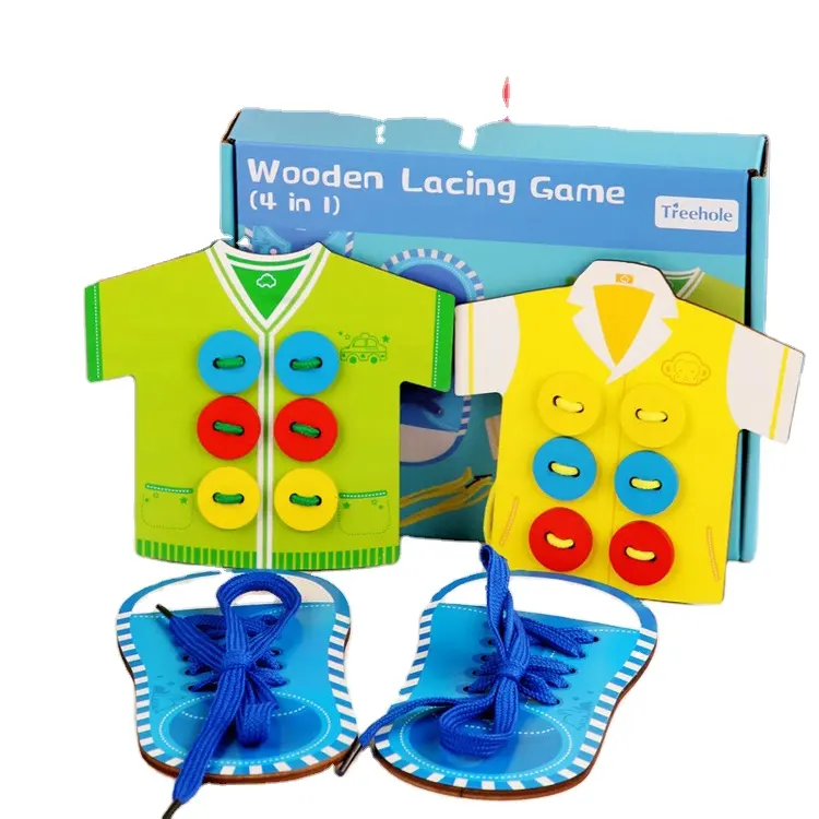Kinder Holz seil Nähen Kleidung Strick knöpfe Baby Early Education Toys Busy Board Zubehör