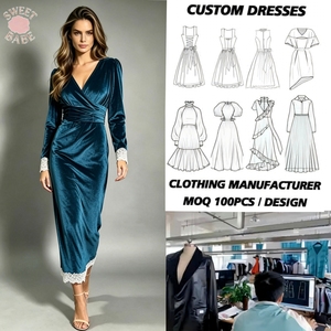Robe mi-longue élégante à encolure en V, manches longues, garniture en dentelle, tenue élégante pour les vacances, les dîners, les rendez-vous et les occasions quotidiennes - Product Image 1