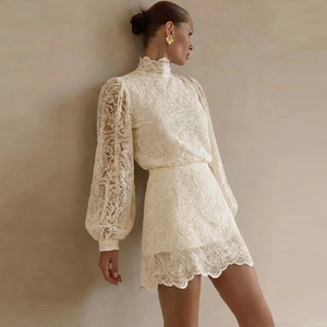 Ensemble élégant pour femme, blanc, en dentelle, col mandarin, haut à manches longues, jupe au-dessus du genou, printemps-été, respirant, ensemble 2 pièces - Product Image 2
