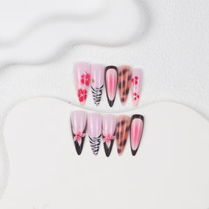 24 Pièces Faux Ongles en Forme d'Amande avec Motifs Léopard Rose et Fleurs, Style Français Élégant et Tendance - Product Image 3