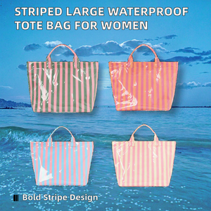 Bolsos de hombro para mujer con estampado de rayas y cadenas bordadas, bolsos de gran capacidad, portátiles, impermeables, de PVC para viajes, verano y otoño - Product Image 2
