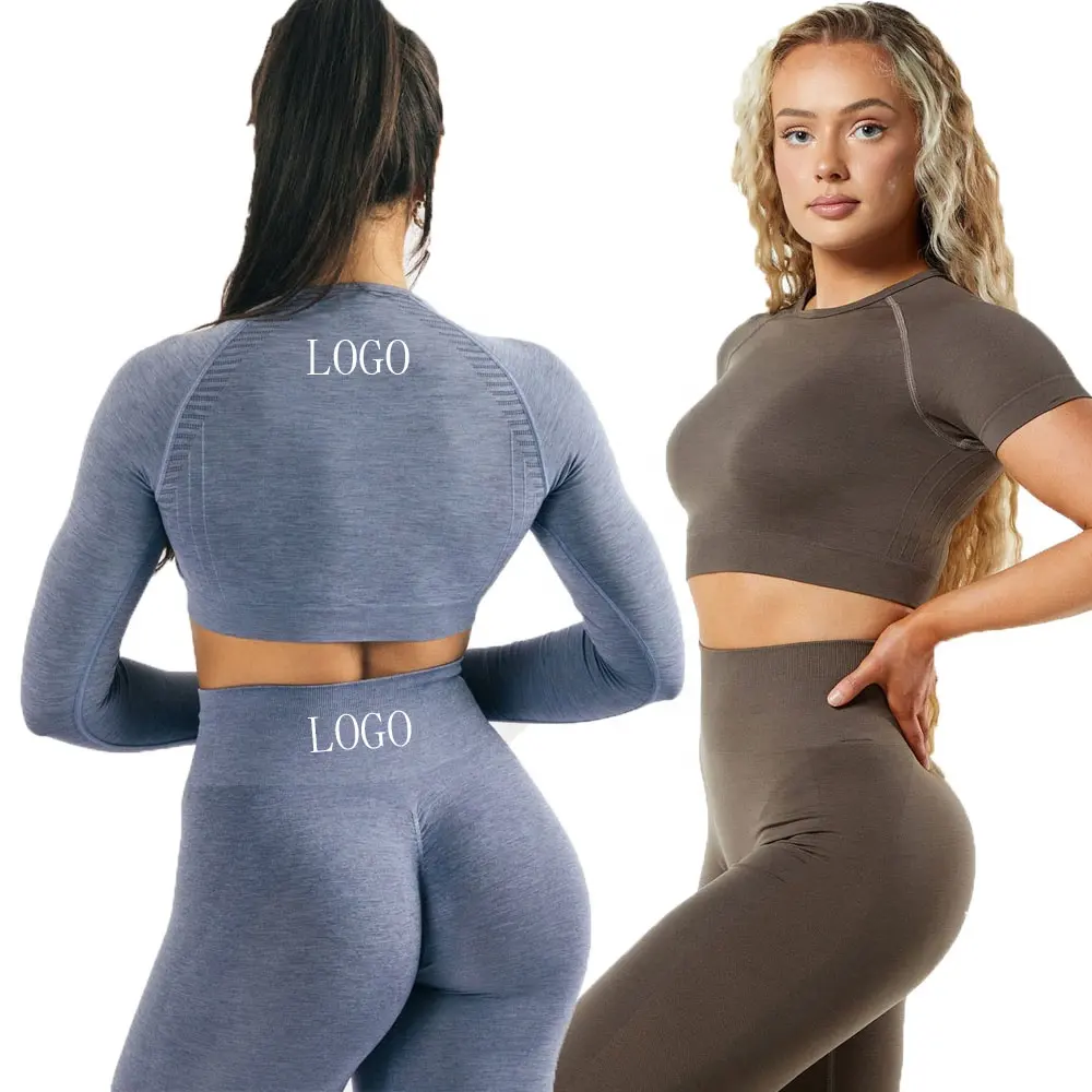 Popular style seamless sports sets workout crop tops yoga shirts butt leggings two piece set womens fitness apparel
