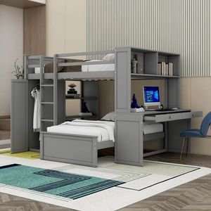 Современная домашняя мебель деревянная двухъярусная кровать для спальни обрамление мебель полноразмерная двухъярусная кровать с двойным рабочим столом - Product Image 4