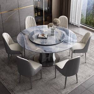 Juego de mesa y sillas de comedor Super Crystal Stone de 6 piezas con tapa redonda de mármol, estilo minimalista italiano para comedor. - Product Image 4