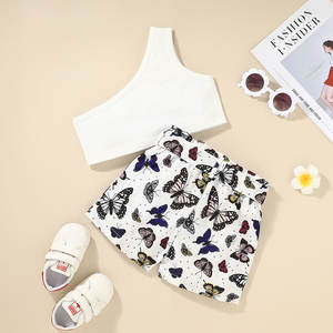 Conjuntos de Ropa para Niñas, Conjunto Sexy con Hombro Oblicuo y Estampado de Mariposas, Pantalones Cortos de Algodón, Ropa para Niñas - Product Image 6