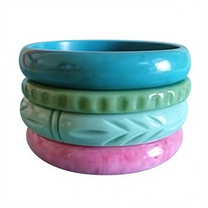 Classic Round Carved Resin <b>Bangle</b> Set in Stylish Bracelet Purple Green Cream Floral Pattern Artistic Design Craft Party Woman - Product Image 3