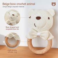 Hochet en bois fait main pour bébé, jouet de dentition animal en crochet avec nœud papillon, jouet sensoriel Montessori doux pour nouveau-né, cadeau de naissance