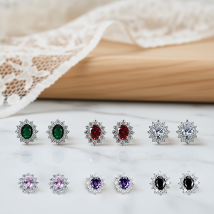 Orecchini a bottone con zirconi ovali placcati in argento, design floreale, per donna, gioielli da festa, orecchini in lega di zinco in stile classico - Product Image 2