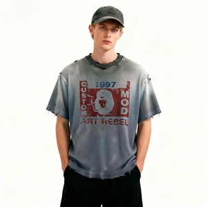 Camisetas Personalizadas de Estilo Urbano con Estampado Serigrafiado, Tejido Waffle, 100% Algodón, Corte Cuadrado, Camisetas Cortas Vintage con Efecto Desgastado y Lavado Ácido - Product Image 3