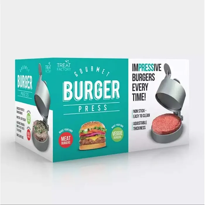 स्टेनलेस स्टील मैनुअल सस्ते एल्यूमीनियम मिनी बर्गर प्रेस मीट बीफ ग्रिल फूड किचन टूल पैकिंग बॉक्स के लिए कस्टम पेपर बॉक्स