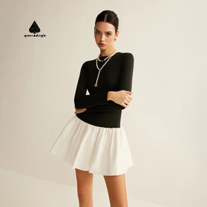 Robe Mini Femme Bicolore Personnalisable Style Boss Lady pour le Bureau, Haut en Jersey à Manches <span class=keywords><strong>Longues</strong></span> et Jupe Plissée, Robe 1 Pièce - Product Image 1