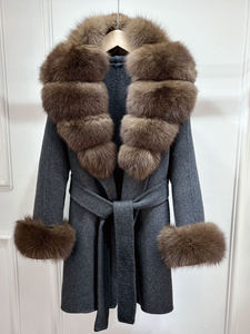 معطف صوف شتوي جديد رخيص الثمن للنساء، مزيج من الكشمير والصوف مع ياقة وأساور من فرو الثعلب الطبيعي قابلة للإزالة، تصميم فضفاض برباط، معطف صوفي مزدوج الوجه - Product Image 2