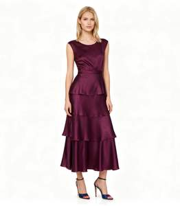 ALBBIA009 Ladies Solid Woven Knee-Length <b>High</b> <b>Waist</b> Slim Fit Vintage <b>Dress</b> Zippers Deep Burgundy Satin Fabric Sleeveless Crew - Product Image 1