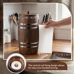 TradeLink Wooden Barrel Tissue Holder Round Brown Free <b>Standing</b> Paper Dispenser <b>Desktop</b> Storage Rack - Product Image 3