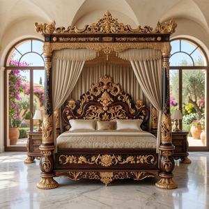 Cama con Dosel de Madera Maciza Tallada de Estilo Real Europeo de Lujo, Juego de Muebles de Dormitorio con Tapicería Personalizada, Garantía de 5 Años - Product Image 4