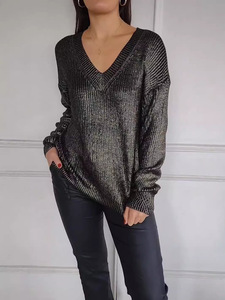 Custom <strong>Womens</strong> Lightweight v Neck Sweater Long Sleeve Metallic Shimmer V Neckline Sweater V Neck Metallic Sweaters - Product Image 2