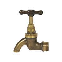 Robinet d'eau extérieur vintage en laiton avec poignée en T et bec courbé, filetage externe, pour jardin et cour