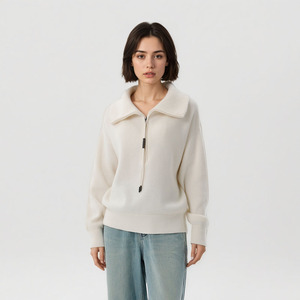 Suéter de punto de lana de estilo <span class=keywords><strong>italiano</strong></span> para mujer 100% jerséis de punto de cuello extendido con cremallera frontal de lana pura OEM ODM/venta al por mayor - Product Image 4