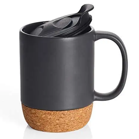 Оптовая продажа, черные матовые изолированные фарфоровые чайные чашки на заказ 400 мл, многоразовая дорожная кружка для кофе из пробки с крышкой/ручкой