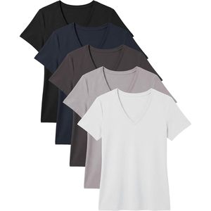 Women's V-Neck T-Shirts Short Sleeve Stretch Cotton Spandex Breathable Workout Yoga Sleep Tops Multi Pack - Product Image 1