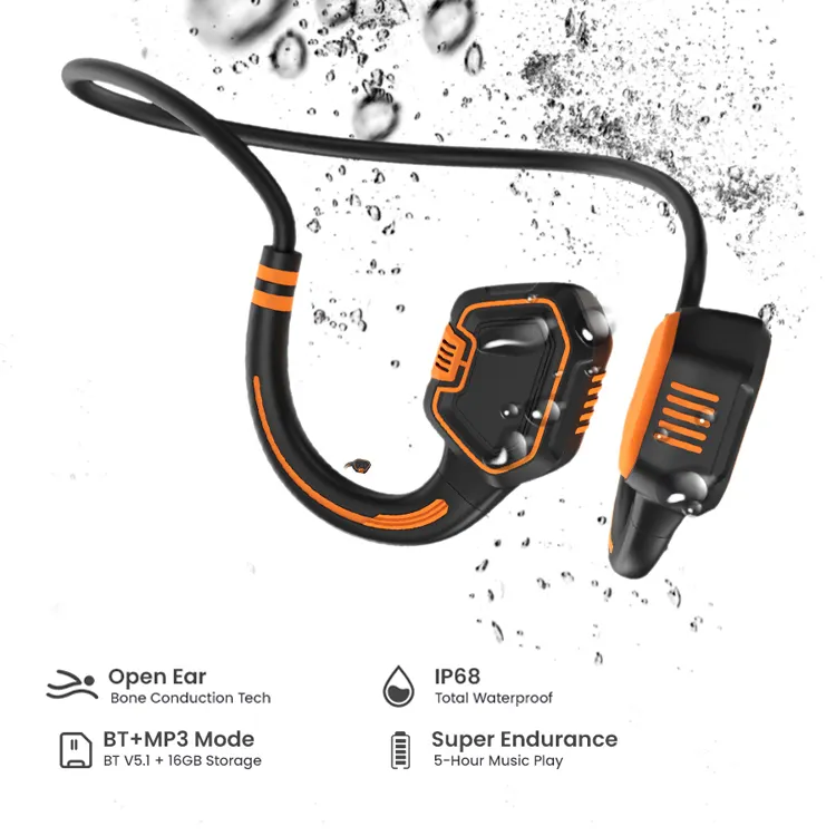 OEM IP68 Waterproof Swimming Headset Bone Conduction Headphones Sports Wireless Stereo Bluetooth Earphone with MP3 16GB Storage
