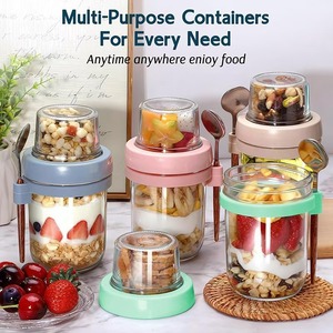 Tarros de vidrio para avena nocturna con tapas y cucharas, vasos de yogur de pared simple, recipientes portátiles para llevar, tazas de desayuno, para cereales, leche, ensalada, aptos para calentar - Product Image 2