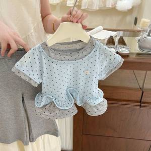 Baby Girls Summer Two Piece Set Polka Dot Top Flared Pants Breathable Thin Gray Toned Korean Style - Product Image 3