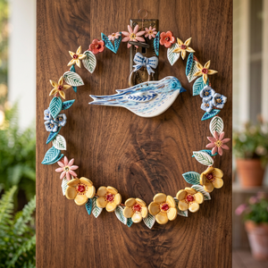 Corona Floral Metálica Hecha a Mano con Decoración de Pájaros, Estilo Rústico, Decoración de Pared sin Iluminación, Paquete Individual - Product Image 4