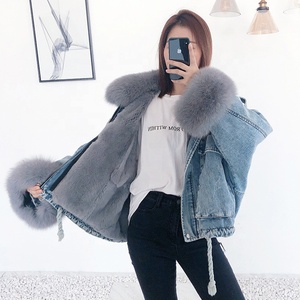 Áo khoác denim nữ phong cách mùa đông, viền lông cáo, áo khoác ngoài lót lông thỏ Rex, áo khoác nữ - Product Image 5