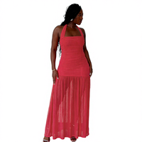 Robe longue fluide pour femme à col rond sculpté, plissée architecturale et à volants dimensionnels