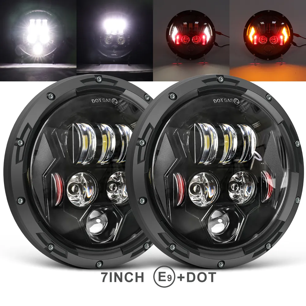 Dot Approved E9 Angel Eyes DRL Turning Light Halo Ring Round Headlight 50W 7 inch Led Headlight 7in for Motorcycle for Jeep JK