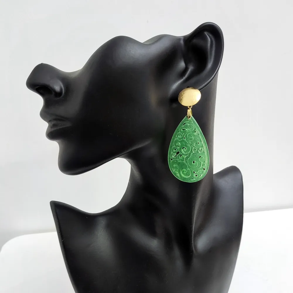 Best Quality Green Jade Designer Stud Earrings Women Gold Plated Jewelry Hand Carved Drop Shape Stone Slice Big Earrings Women