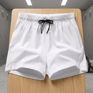 <b>Men</b> White Polyester Swim <b>Trunks</b> Quick Dry Regular Fit Drawstring Solid Color Woven Shorts - Product Image 4