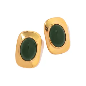 经典绿色猫眼蛋白石造型镶嵌耳钉防水不锈钢18 k镀金饰品