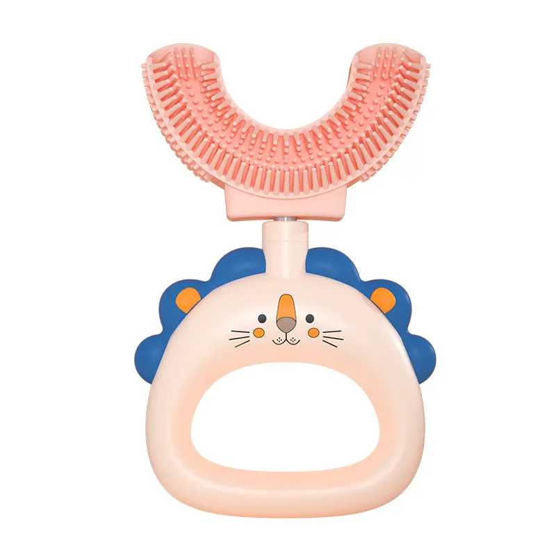Custom BPA Free Infant Toddler Silicone U Shaped Tooth Brush Soft Silicone Baby Lion Toothbrush 360 Degree