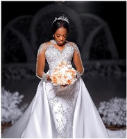 Robe de mariée sirène grande taille 2-en-1 avec traîne détachable et strass, Robe de mariée de luxe personnalisée