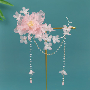 Nuevo Estilo Primavera 2026: Tocado Hanfu de Seda Rosa Claro Hecho a Mano con Borla y Flor Perforada, Accesorio para el Cabello - Product Image 2