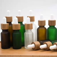 Flacon compte-gouttes en verre givré avec bouchon en bois, 5ml, 10ml, 15ml, 20ml, 30ml, 50ml, 100ml, vert, bleu, ambre, pour huiles essentielles, avec capuchon en bambou