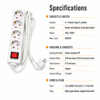 Multiprise allemande Schuko 4 voies 16A 250V avec broches en laiton, en PP ignifuge, avec câble de 10m/5m