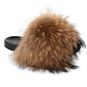 Hot-selling Summer Real Big Fur <b>Slippers</b> Women's Raccoon Hair Flat Fur <b>Slippers</b> Indoor Fluffy Fur <b>Slippers</b> for Women - Product Image 1