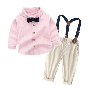 Tenue décontractée coréenne pour enfants Chemise à rayures à manches longues avec nœud papillon et <span class=keywords><strong>salopette</strong></span> pour <span class=keywords><strong>garçon</strong></span> Ensemble deux pièces printemps - Product Image 5