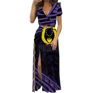 Manufacturer Small Order Purple Midi Dresses Polynesian Samoa Pohnpei Women's Summer Dresses Customized Logo Women's Sets